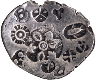 Unlisted Type Punch Marked Silver Vimshatika Coin of Magadha Janapada with Sun and Fish Symbols