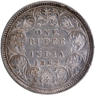 	Very Rare Unlisted Silver One Rupee Coin of Victoria Queen of Bombay Mint of 1862 without initial J.	