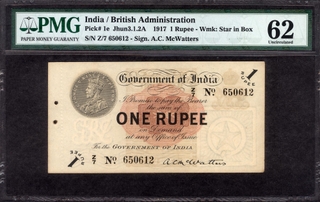 	Extremely Rare PMG Graded 62 One Rupee Banknote of King George V Signed by A C McWatters of 1917 of Universalised Circle.	