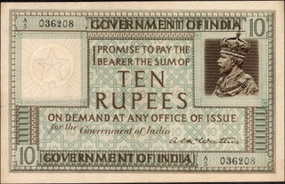 	Extremely Rare and high graded Ten Rupees Banknote of King George V Signed by A C Mcwatters of 1923 in In un Circulated Condition. 	