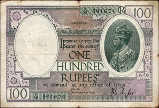 	Extremely Rare Large Green One Hundred Rupees Banknote of King George V Signed by J B Taylor of 1928 of Calcutta Circle.	