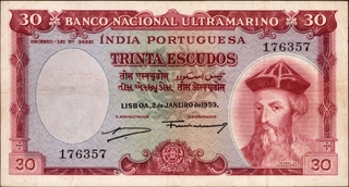 Extremely Fine Trinta (Thirty) Escudos Banknote of Banco Nacional Ultramarino of Portuguese India (Goa) of 1959.