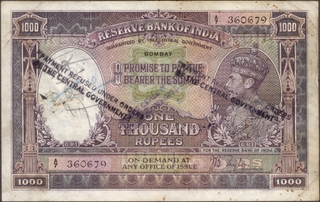 One Thousand Rupees Banknote of King George VI Signed by J B Taylor of 1938 of Bombay Circle.