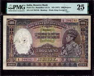 PMG Graded 25 Very Fine One Thousand Rupees Banknote of King George VI Signed by J B Taylor of 1938 of Bombay Circle.