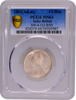 Extremely Rare PCGS MS 64 Graded Silver Half Rupee Coin of Victoria Queen of Calcutta Mint of 1862.