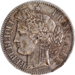 Silver Two Francs Coin of Third Republic of France of 1871.