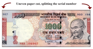 Sheet Fold Cutting Error One Thousand Rupees Banknote Signed by D Subbarao of Republic India of 2009.