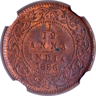 Scarce NGC MS 63 BN Graded Copper One Twelfth Anna Coin of Victoria Empress of Calcutta Mint of 1886.