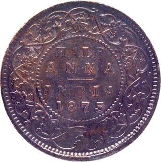 Extremely Rare Victoria Queen Copper Half Anna Coin of Calcutta Mint of 1875.