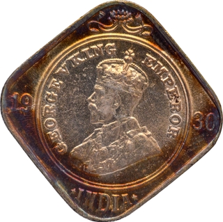 1930 Cupro Nickel Two Annas Coin of Calcutta Mint of King George V with Toning.