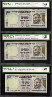 3 PMCS Graded as 58, 30 & 63 Fancy Number 000786, 786000 & 786786 Five Hundred Rupees Banknotes Signed by Bimal Jalan  of Republic India.