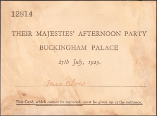 1929 KGV Official invitation card of Their Majesties' Afternoon Party at Buckingham Palace.