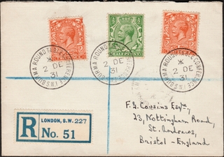 Extremely Rare BURMA ROUND TABLE CONFERENCE Registered cover with tied up 3 stamps in 1931.