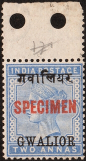 SPECIMEN overprinted on Two Annas Stamp of Gwalior State of Queen Victoria MNH with upper side Margine