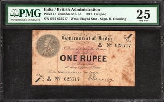 Very Rare One Rupee Banknote of King George V of 1917 Signed by H Denning.