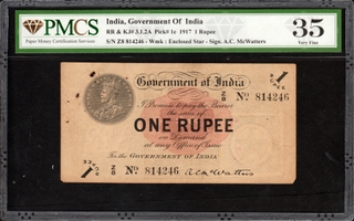 Very Rare PMCS Graded 35 Very Fine One Rupee Banknote of Britishi India of 1917 Signed by A C McWatter.