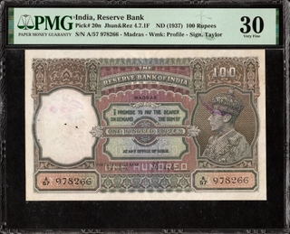 Very Rare PMG Graded 30 Very Fine Signed by J B Taylor of 1938 of One Hundred Rupees Banknote of British India of Madras Circle.