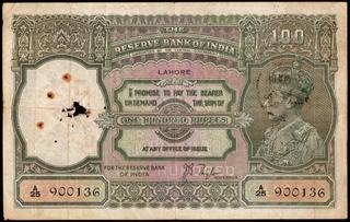 Very Rare Banknote of British India of One Hundred Rupees Signed by J B Taylor of 1938 of Lahore Circle.