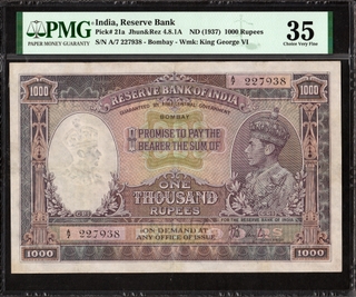 Extremely Rare PMG Graded 35 Choice Very Fine King George VI One Thousand Rupees Banknote Signed by J B Taylor of 1938.