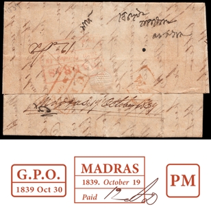 Rare Pre Stamp Paid Cover dispatched from Madras to Calcutta in 1839. 