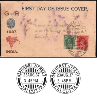 Coloured Private First Day of issue Cover of King George VI tied with 2 Stamps of 1937.