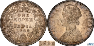 Exceedingly Rare NGC AU 58 Graded 1898 (8 over 3) Silver One Rupee Coin of Victoria Empress of Bombay Mint.