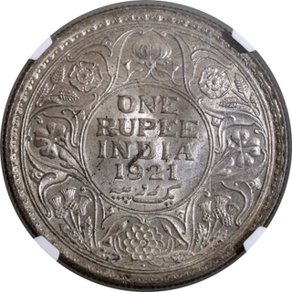 Very Rare Difficult Date NGC MS 64 Graded Silver One Rupee Coin of King George V of Bombay Mint of 1921.