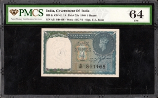 PMCS Graded One Rupee Banknote of British India  King George VI of 1944 Signed by C E Jones.