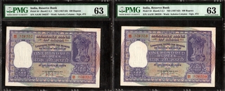 PMG Graded One Hundred Rupees Consecutive Banknotes of 1960 of Republic India Signed by H V R Iyengar.