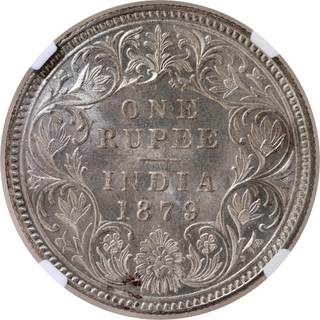 Extremely Rare NGC MS 63 Graded Silver One Rupee Coin of Victoria Empress of Bombay Mint of 1879.