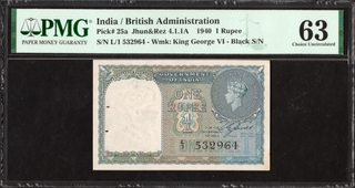 PMG Graded One Rupee Banknote of 1944 Signed by C E Jones of British India.