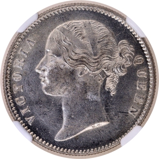 Extremely Rare NGC MS 63 Graded Silver One Rupee Coin of Victoria Queen Divided Legend of Calcutta Mint of 1840.