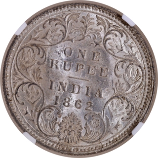 Scarce NGC MS 62 Graded Silver One Rupee Coin of Victoria Queen of Calcutta Mint of 1862.