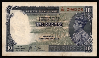 British India Ten Rupees Banknote of King George VI of 1938 Signed by J B Taylor.