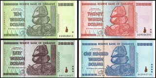 Reserve Bank of Zimbabwe Ten, Twenty, Fifty And Hundred Trillion Dollars Bank note of 2008 Signed by Dr. D. Gono.