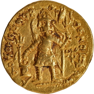 Vasudeva I Gold Dinar Coin of Kushan Dynasty of Oesho type.