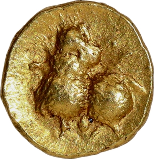 Gold Fanam Coin of Chalukyas of Kalyana with Lion on the obverse.