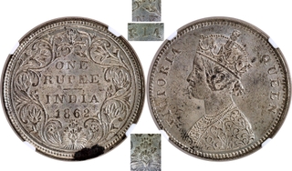 Rare NGC MS 62 Graded Silver One Rupee Inverted 1 Type Coin of Victoria Queen of Bombay Mint of 1862 of A/II/0/4 Dots.