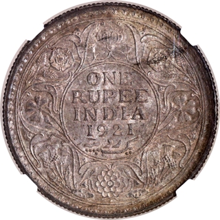 Very Rare Difficult Date NGC MS 64 Graded Silver One Rupee Coin of King George V of Bombay Mint of 1921.