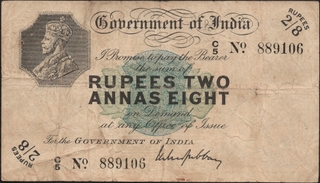 Extremely Rare British India King George V of Two Rupees and Eight Annas Banknote of 1918 Signed by M M S Gubbay of Calcutta Circle.