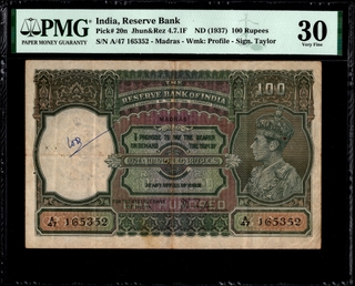 Very Rare PMG 30 Graded Madras Circle Hundred Rupees Banknote of King George VI of British India Signed by J B Taylor of 1938.