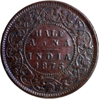 Rare Copper Half Anna Coin of Victoria Queen of Calcutta Mint of 1875.