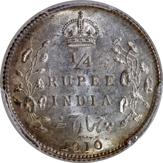 Very Rare Top Pop PCGS MS 64 Graded Silver Quarter Rupee Coin of King Edward VII of Bombay Mint of 1910.