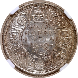 Very Rare NGC MS 62 Graded Silver Half Rupee Coin of King George VI of Calcutta Mint of 1939.