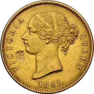 Extremely Rare NGC AU Graded Gold One Mohur Coin of Victoria Queen Divided Legend of Calcutta Mint of 1841.