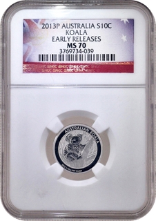 NGC Graded MS 70 Queen Elizabeth II Silver Ten Cents Early Release Coin of Australia of 2013.