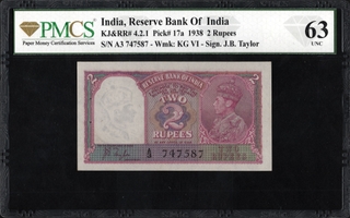 PMCS 63 Graded British India Two Rupees Banknote of King George VI of 1943 Signed by J B Taylor.