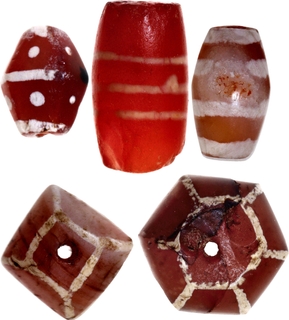 Harappan Primitive Money of Ancient Carnelian Beads with White Enamel Etching.