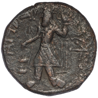 Extremely Rare Copper Tetradrachma Coin of Kanishka I of Kushan Dynasty of Shakyamuni Buddha type.