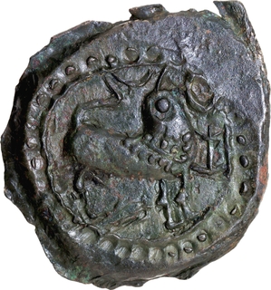 Extremely Rare Broad flan Bronze Coin of Pallavas of Kanchi of Shankha type.